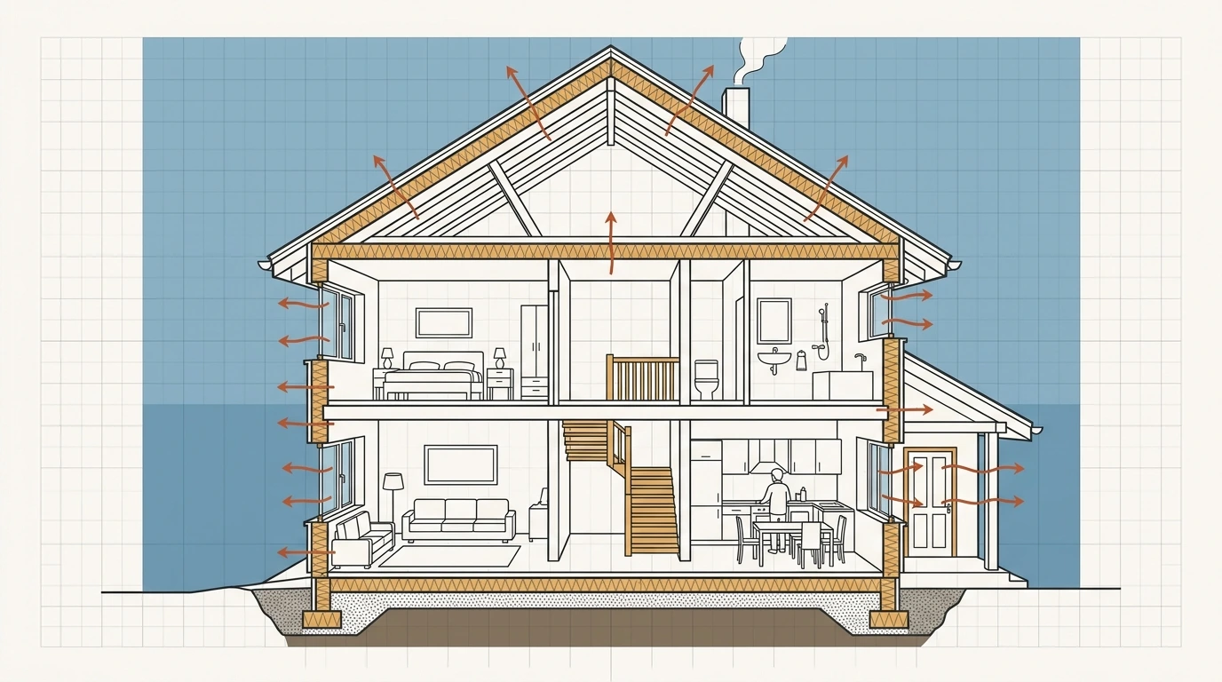 Sezione di una casa con isolamento termico dell’involucro
