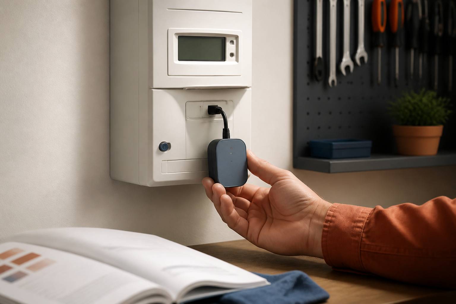 Main tenant un boîtier générique devant un compteur électrique