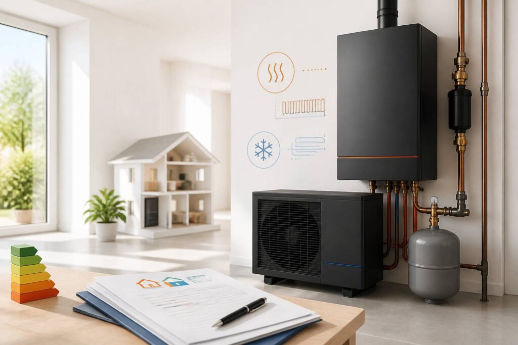 Chaudière moderne installée dans une maison lumineuse avec dossier administratif à proximité