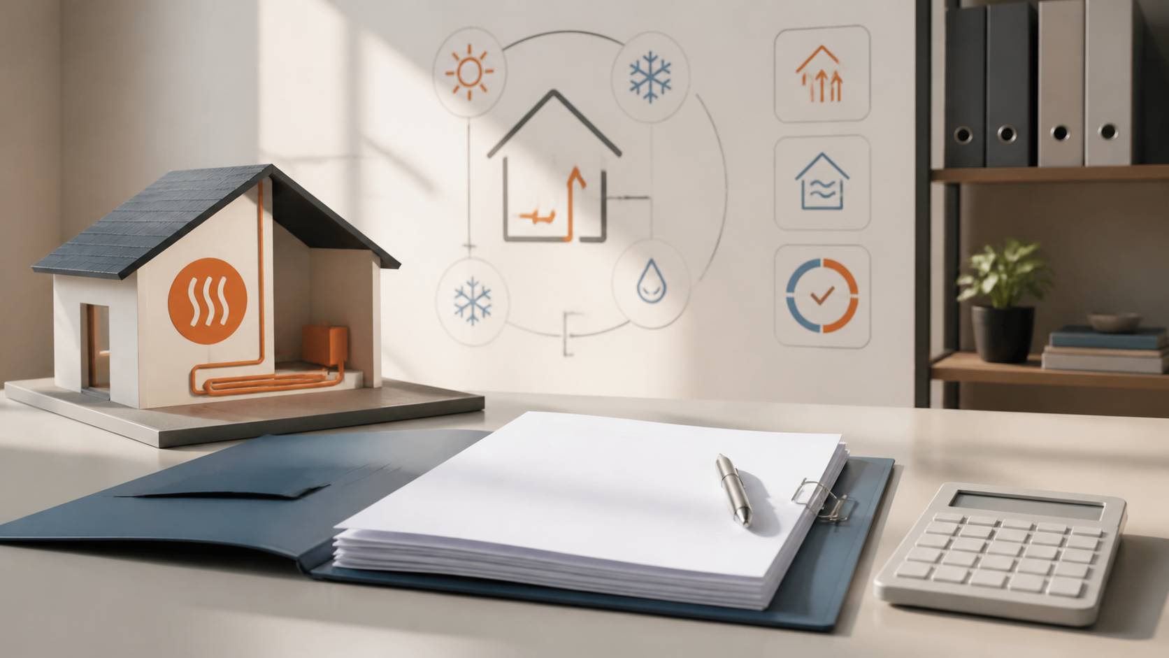 Dossier administratif, stylo et calculatrice sur un bureau avec maquette de maison