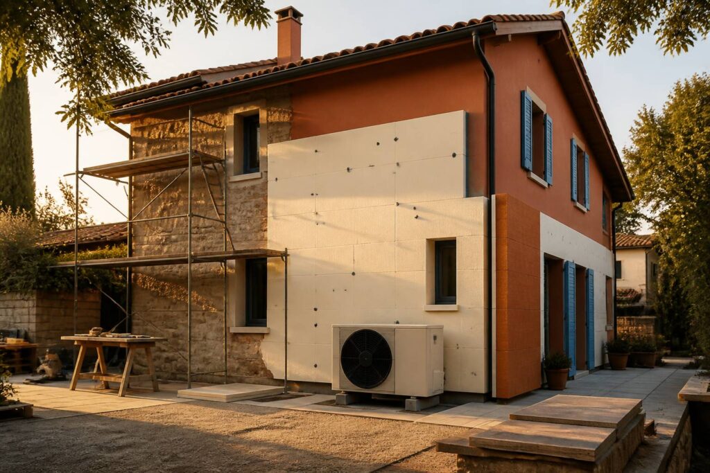Casa italiana in ristrutturazione energetica con pannelli isolanti e pompa di calore esterna
