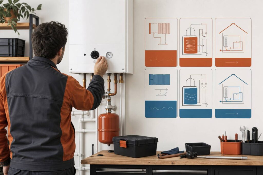 Chaudière à condensation murale inspectée par un technicien en atelier