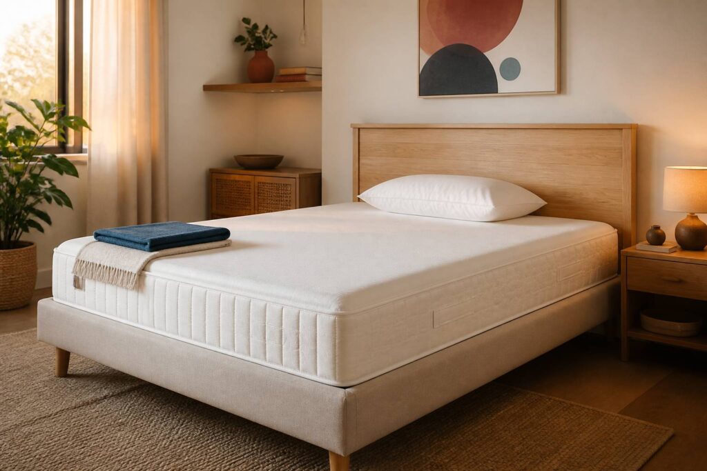Camera da letto con letto matrimoniale e materasso ortopedico dalle cuciture pulite