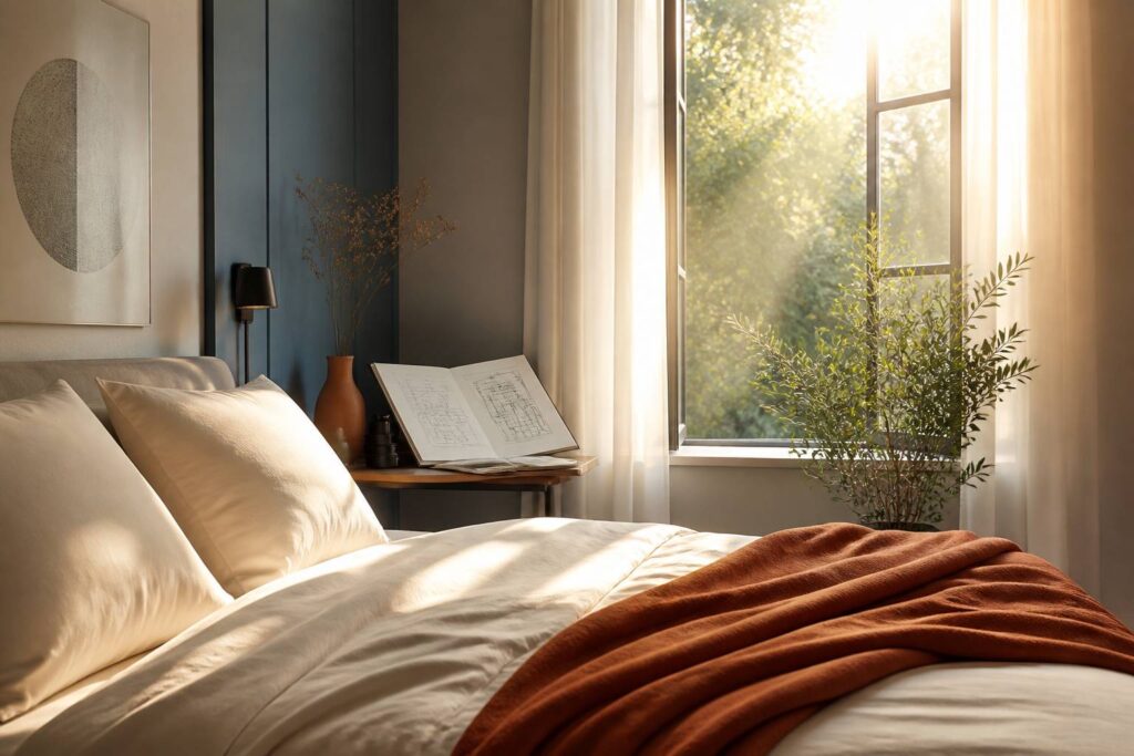 Chambre apaisante avec lit fait en draps clairs et fenêtre ouverte à l'air frais