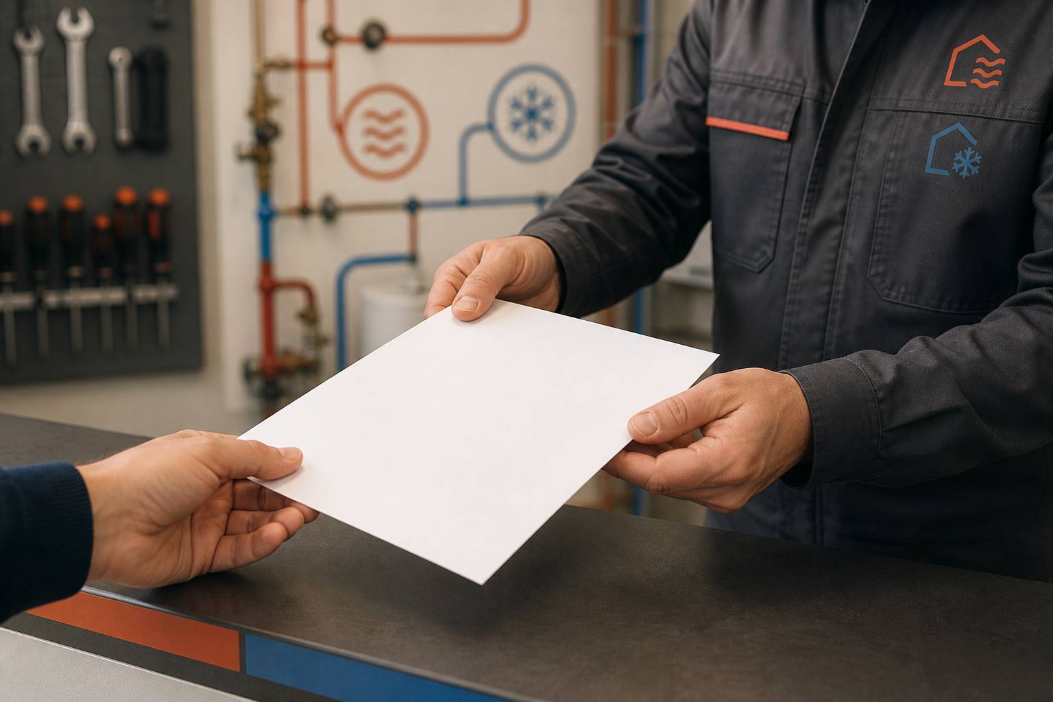 Technicien remettant un document de garantie vierge à un client, mains en plan serré