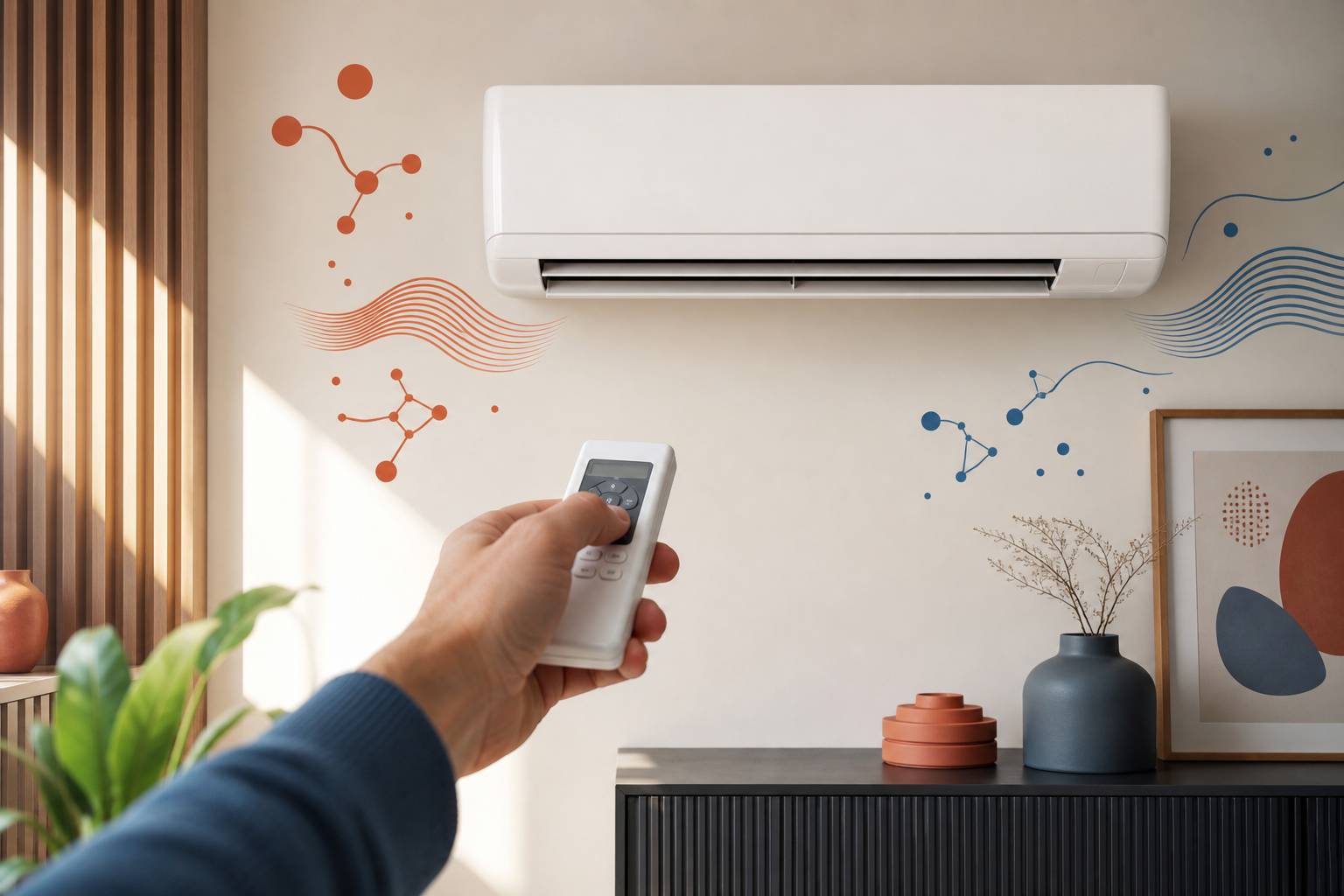 Main tenant une télécommande pointée vers un climatiseur mural en vérification