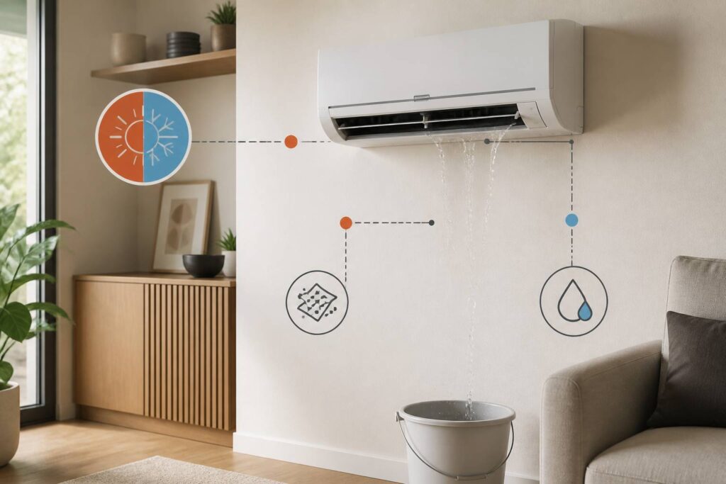Climatiseur split mural laissant couler des gouttes d'eau dans un seau au sol