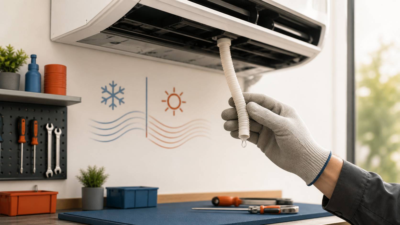 Tuyau d'évacuation des condensats d'un climatiseur inspecté par un technicien