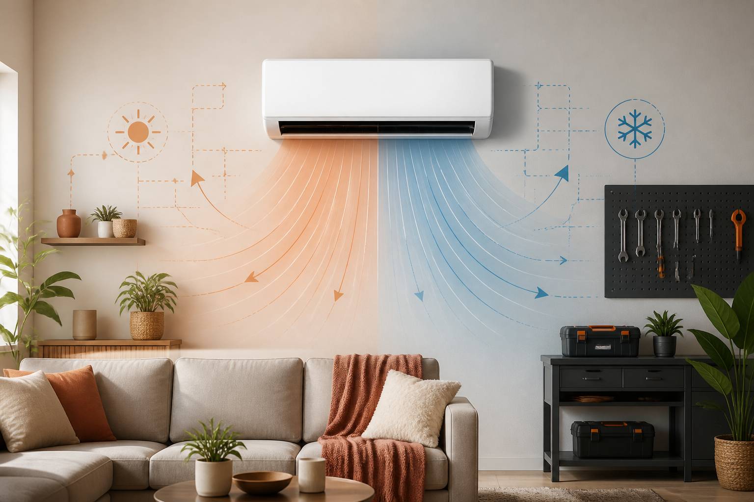Climatiseur split élégant de gamme moyenne dans un salon cosy et confortable