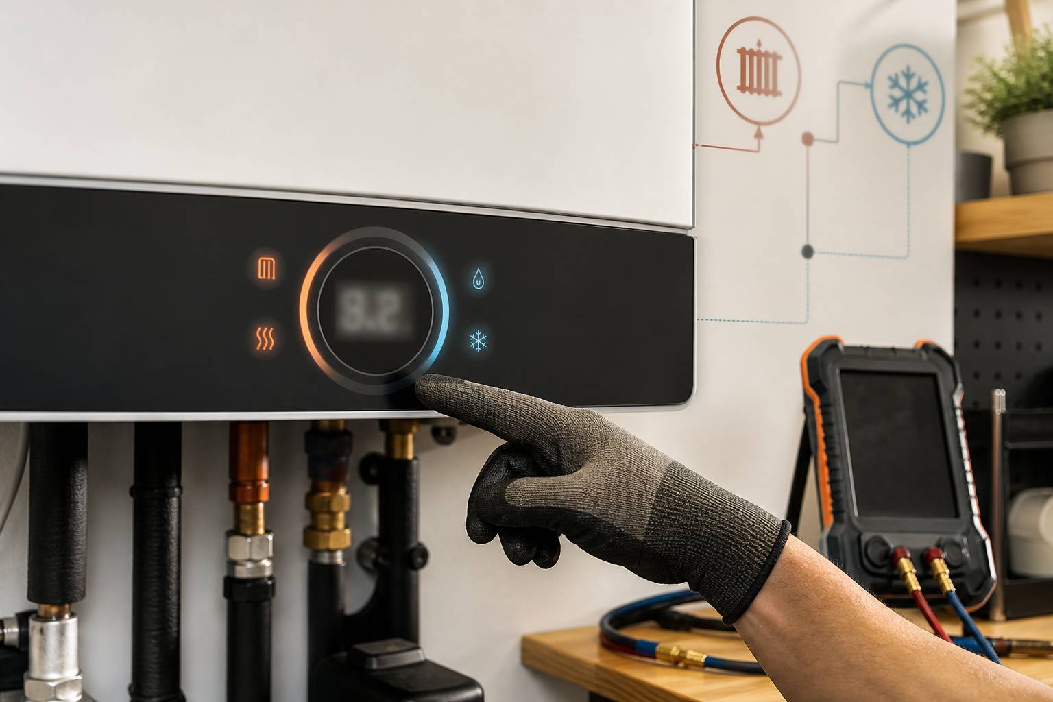 Main de technicien pointant le panneau de commande d'une chaudière en autodiagnostic