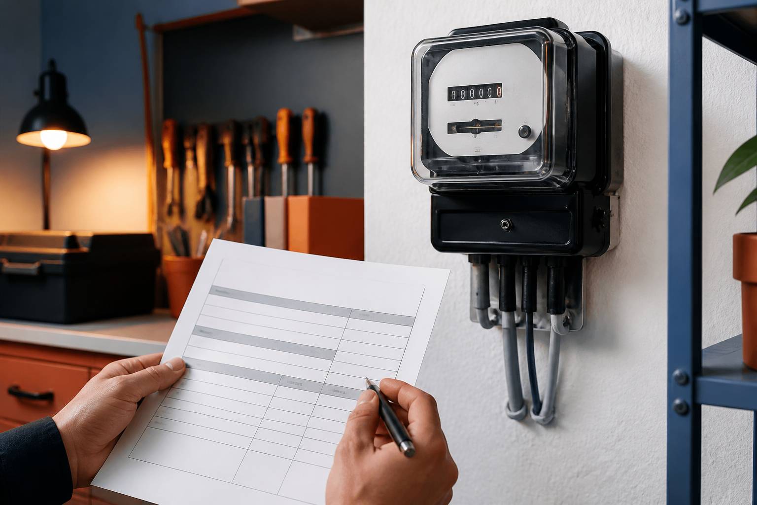 Compteur électrique avec main tenant des documents