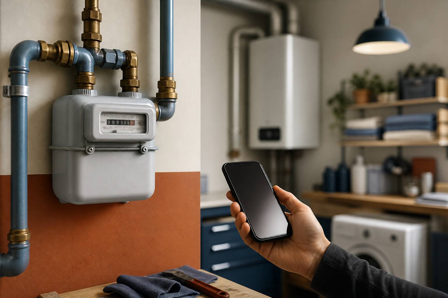 Mano che rileva la lettura del contatore del gas con lo smartphone accanto alla caldaia