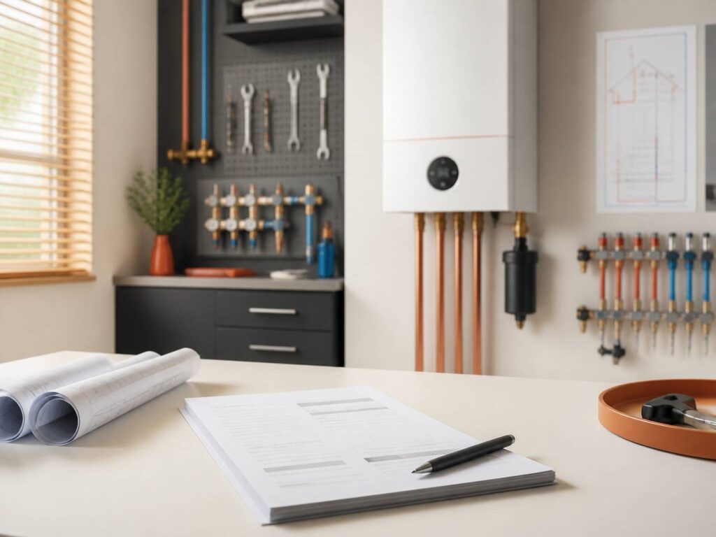 Contrat de maintenance posé sur une table avec stylo et chaudière en arrière-plan