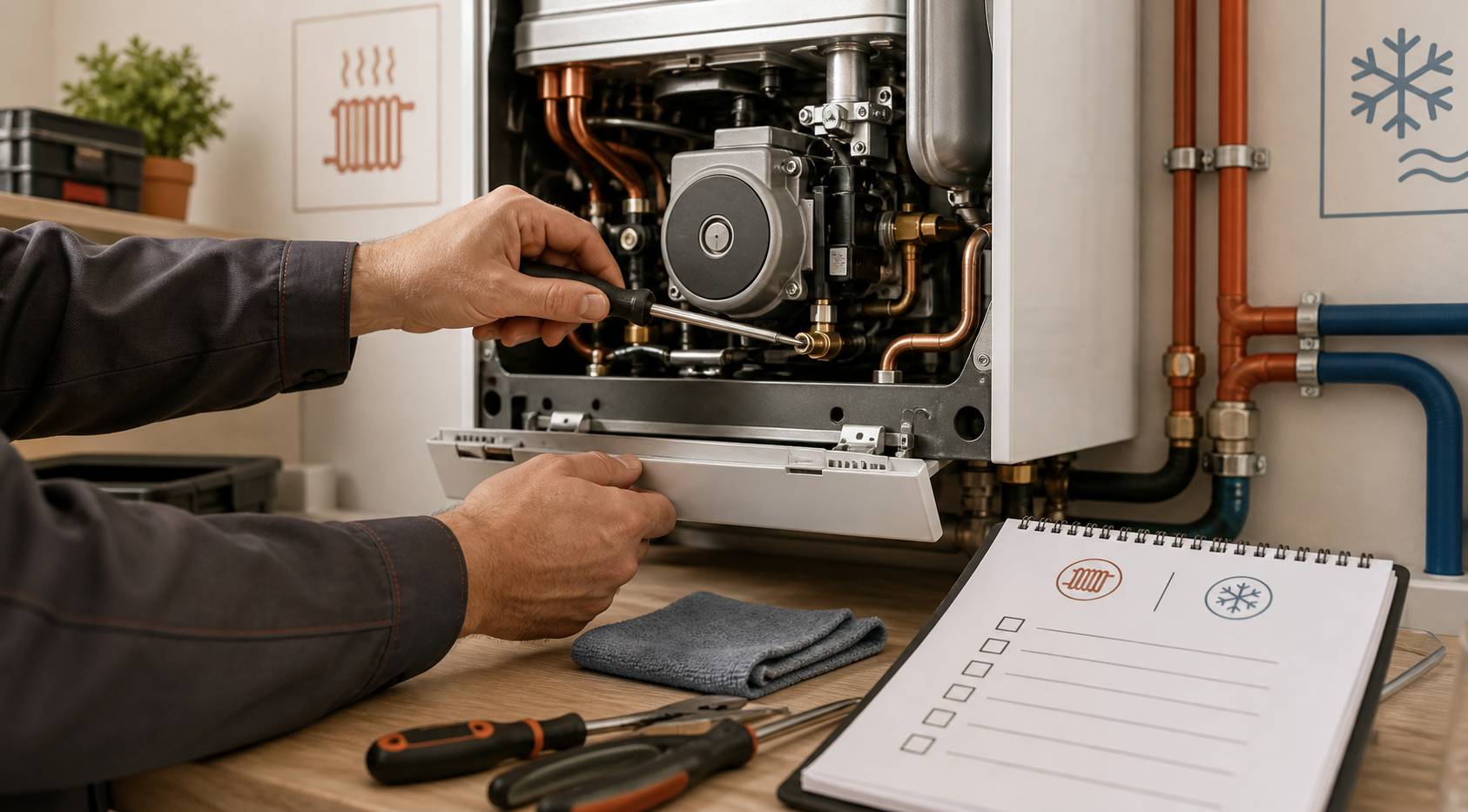 Technicien effectuant une maintenance programmée avec checklist sur bloc-notes