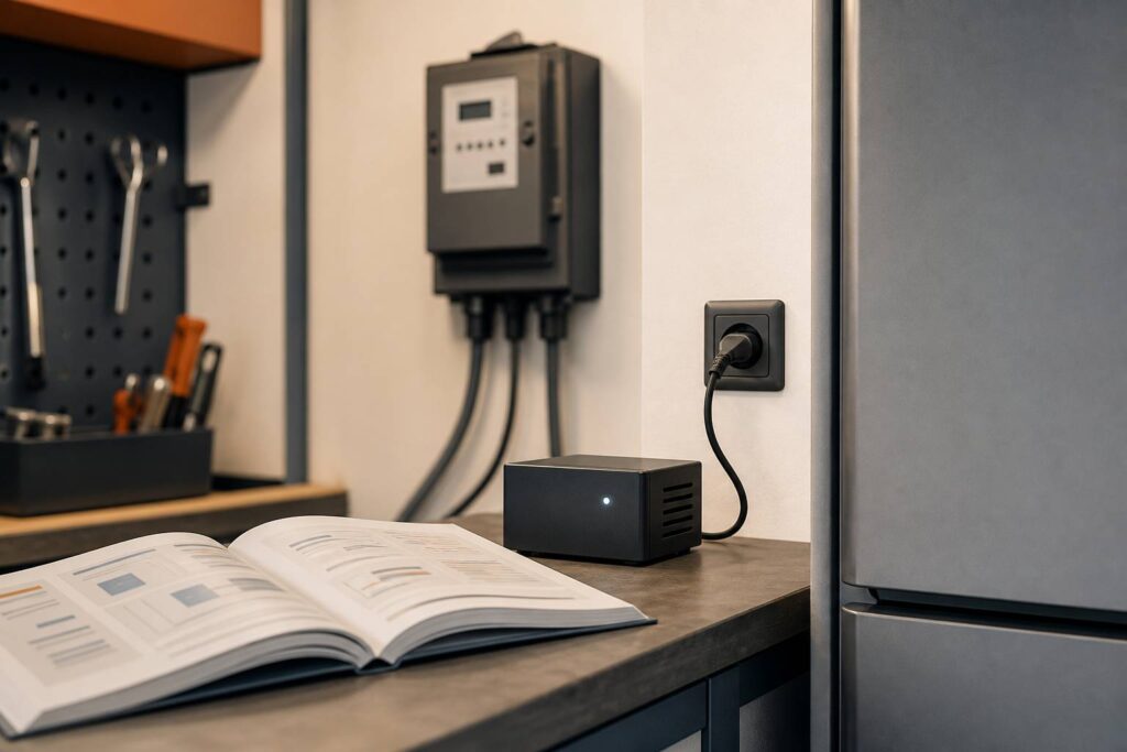 Petit boîtier électronique branché sur une prise près d'un compteur
