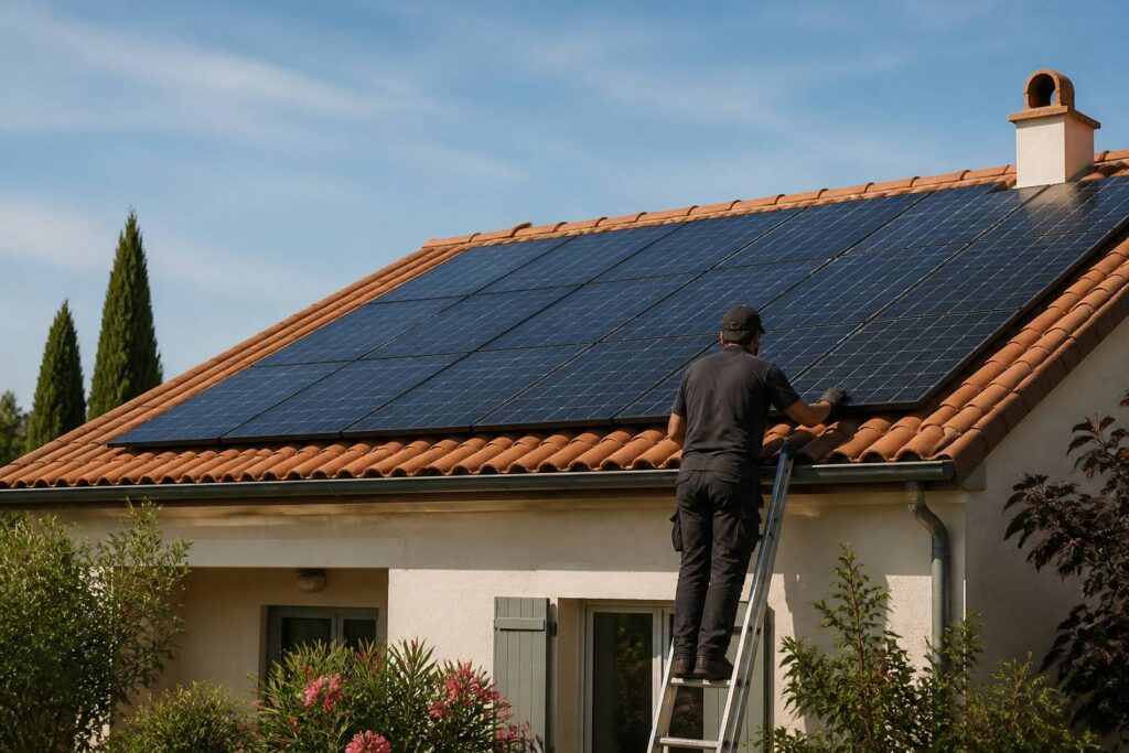 Maison italienne avec panneaux photovoltaïques sur le toit en tuiles