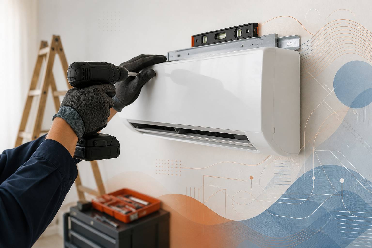 Mains gantées fixant l'unité murale d'un climatiseur avec perceuse et niveau à bulle