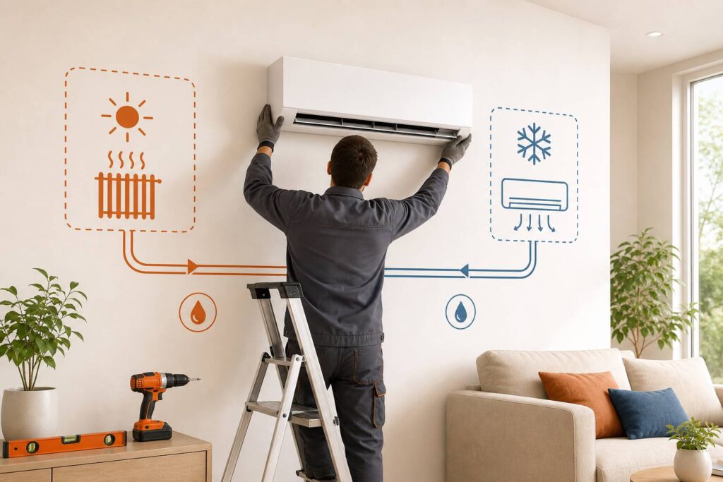 Technicien installant un climatiseur split mural dans un salon contemporain lumineux
