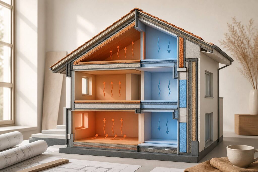 Coupe schématique d'une maison montrant l'isolation du toit et des murs