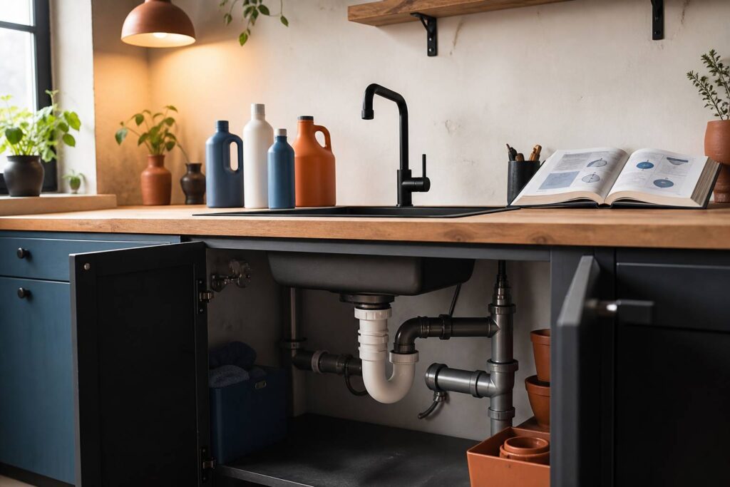 Évier de cuisine avec siphon et produits de débouchage sans marque