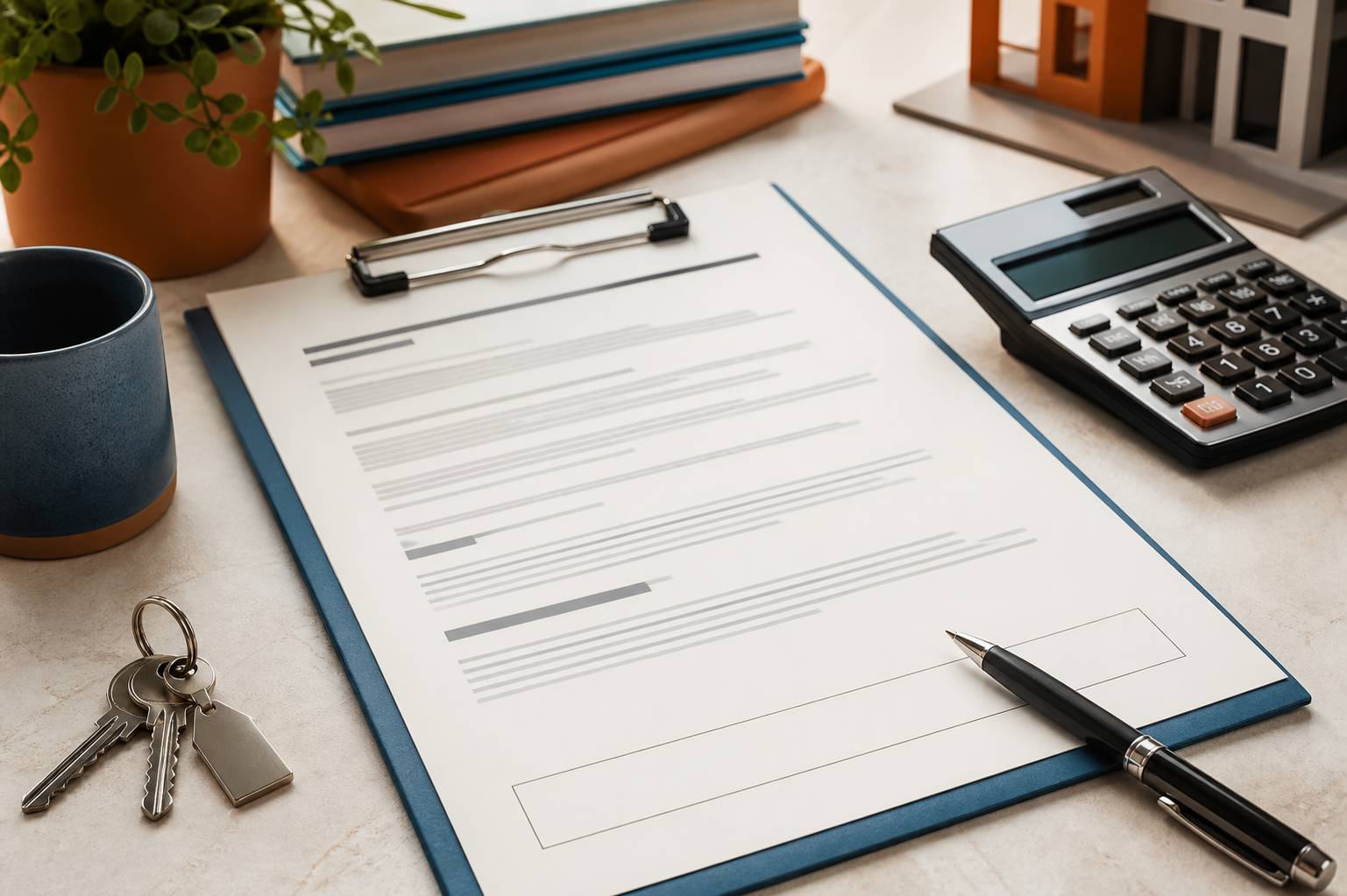 Document de location avec stylo et calculatrice sur un bureau