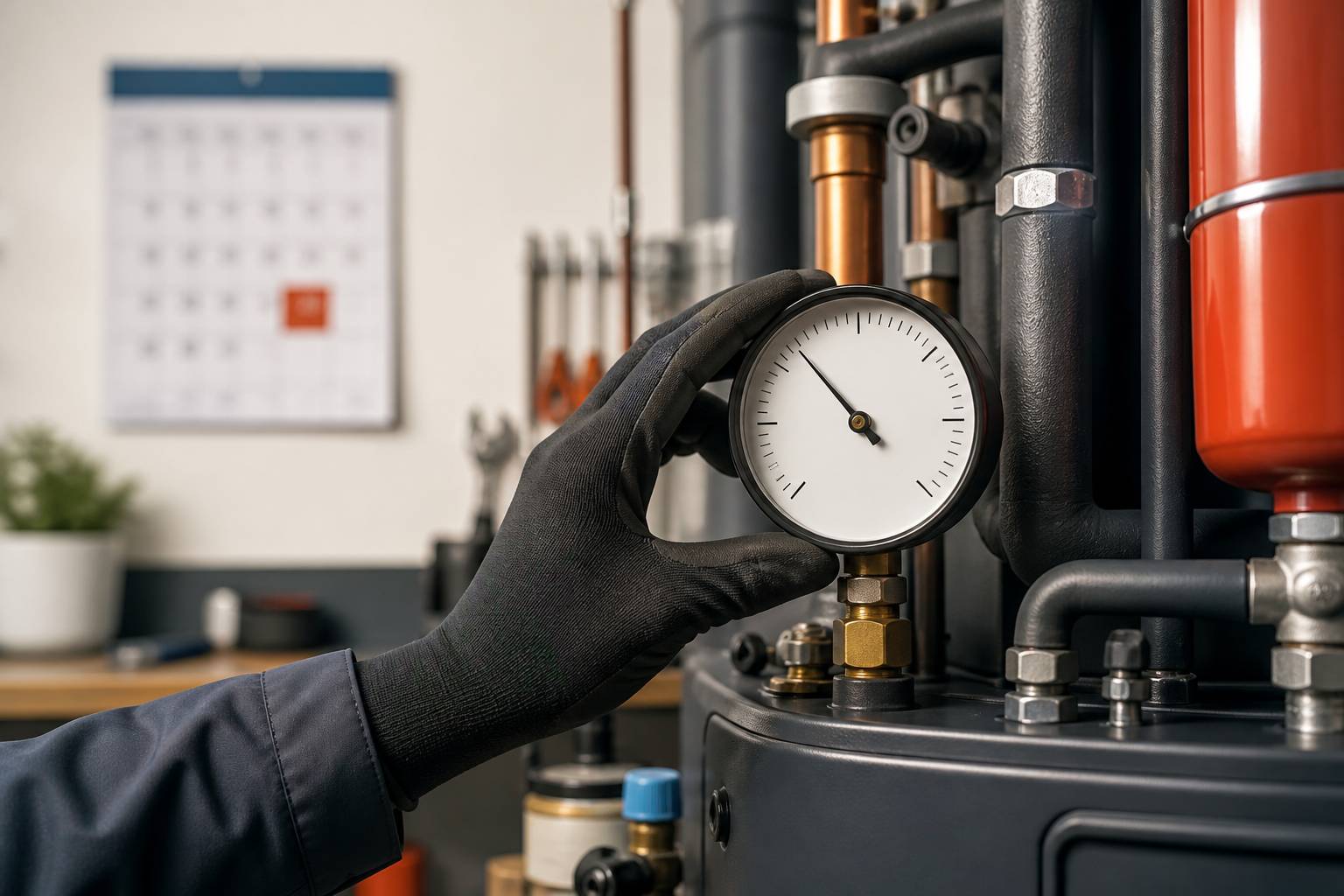 Main gantée vérifiant le manomètre d'une chaudière avec calendrier en arrière-plan