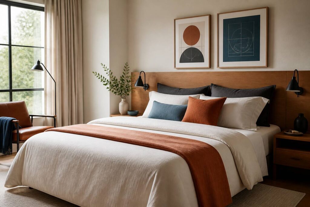 Chambre moderne avec un grand lit fait et une literie soignée dans une lumière douce