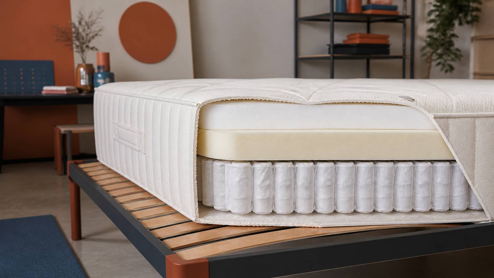 Matelas dont le coin est relevé montrant les couches de mousse et de ressorts