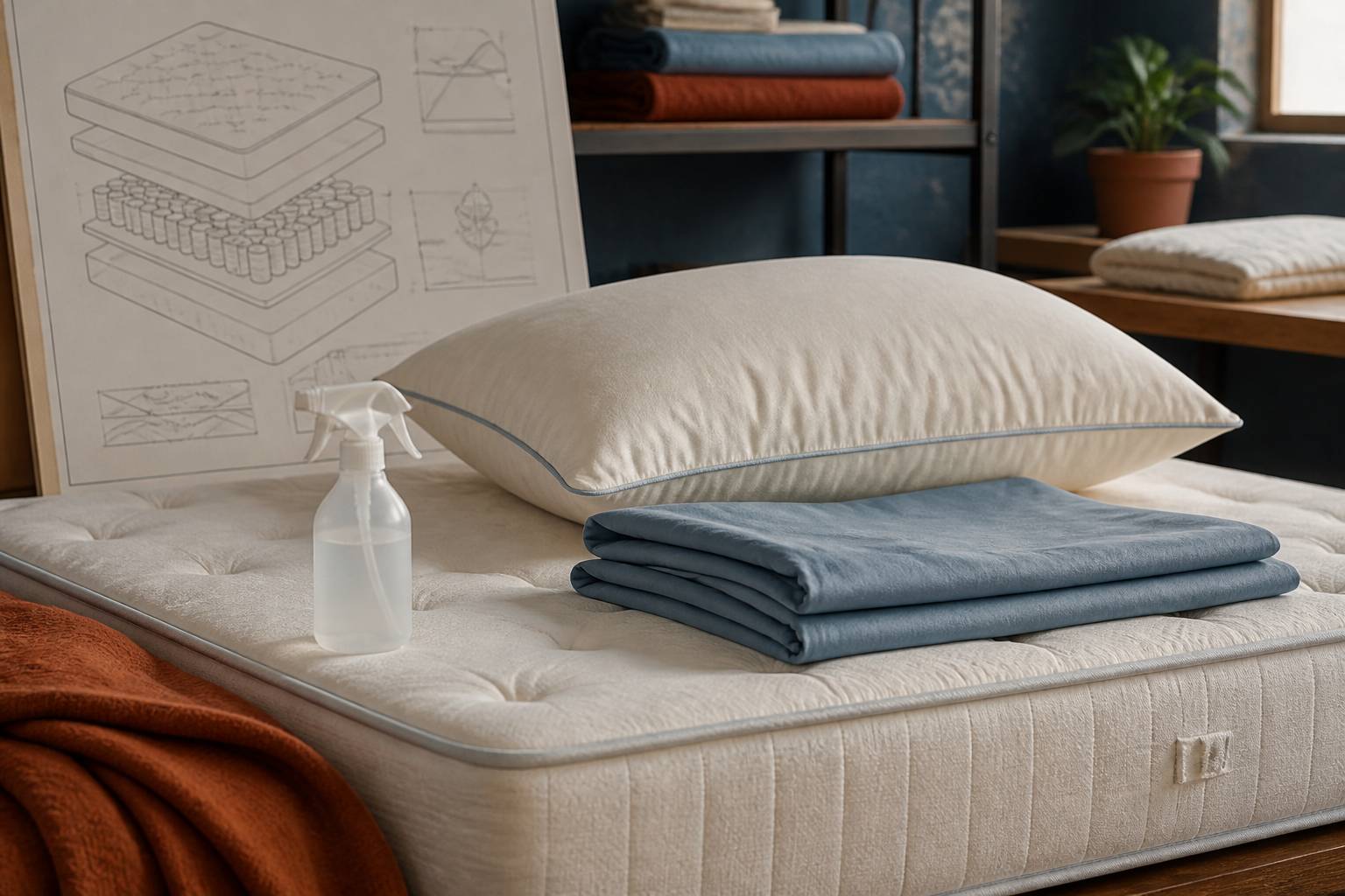 Gros plan sur un matelas avec housse propre et spray sans étiquette à côté