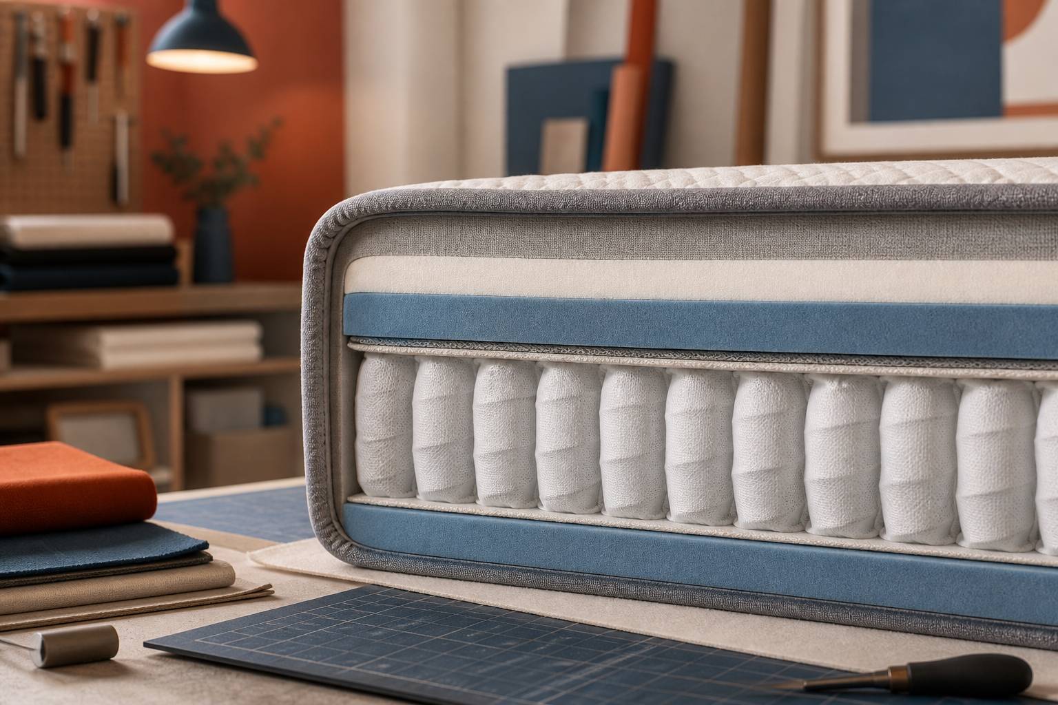 Coin d'un matelas montrant les couches de mousse et ressorts ensachés