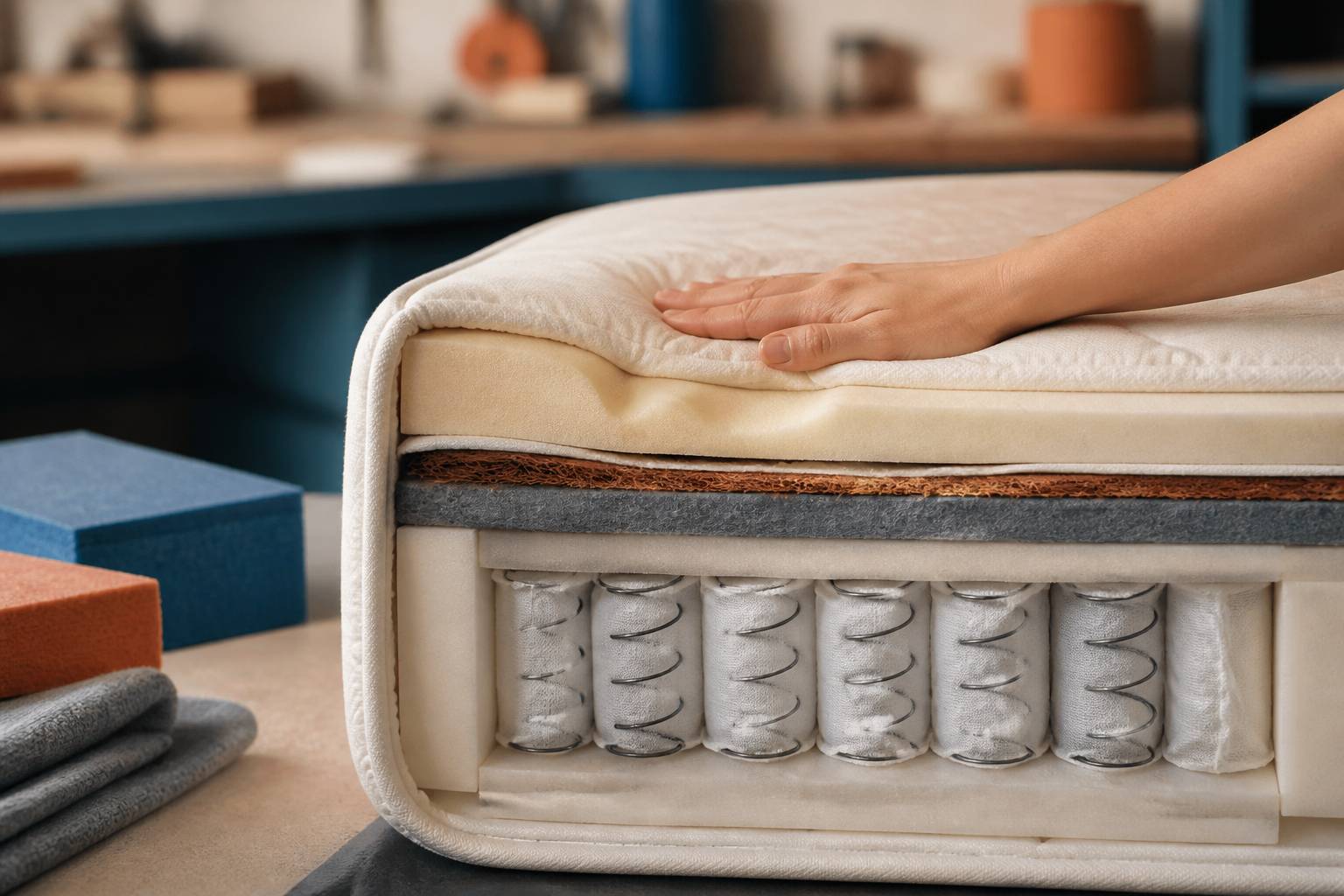 Main appuyant sur un matelas montrant ses couches de mousse et ressorts