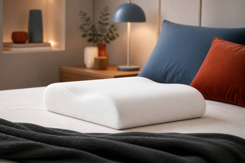 Oreiller en mousse à mémoire de forme sur un lit fait dans une chambre calme