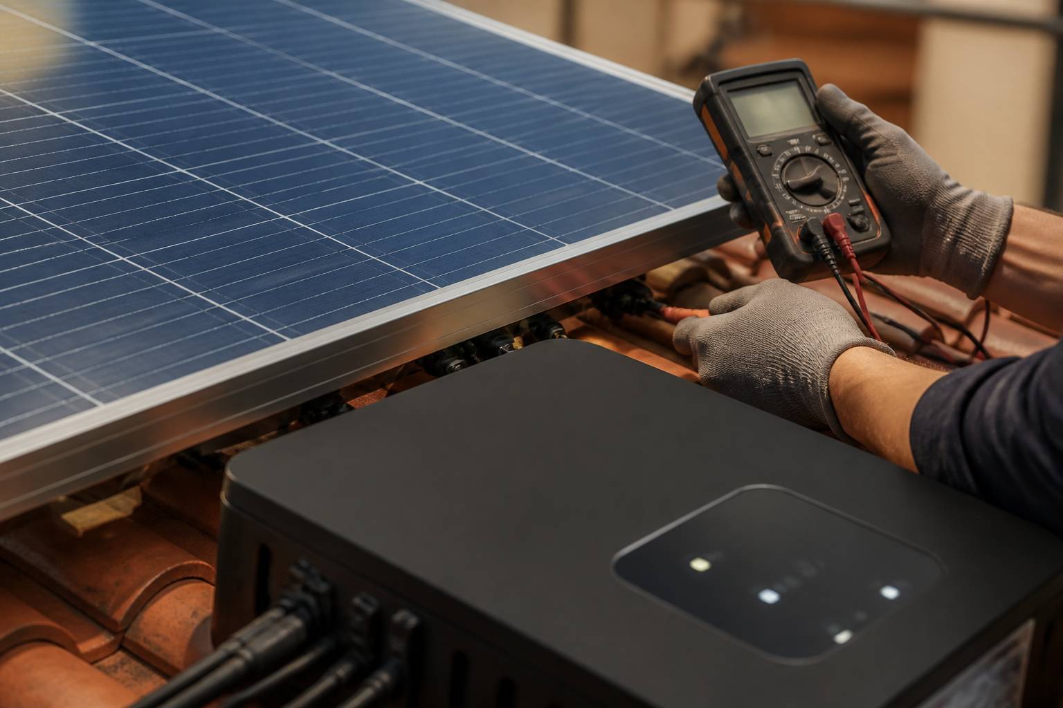 Gros plan de cellules photovoltaïques et onduleur vérifiés par un technicien