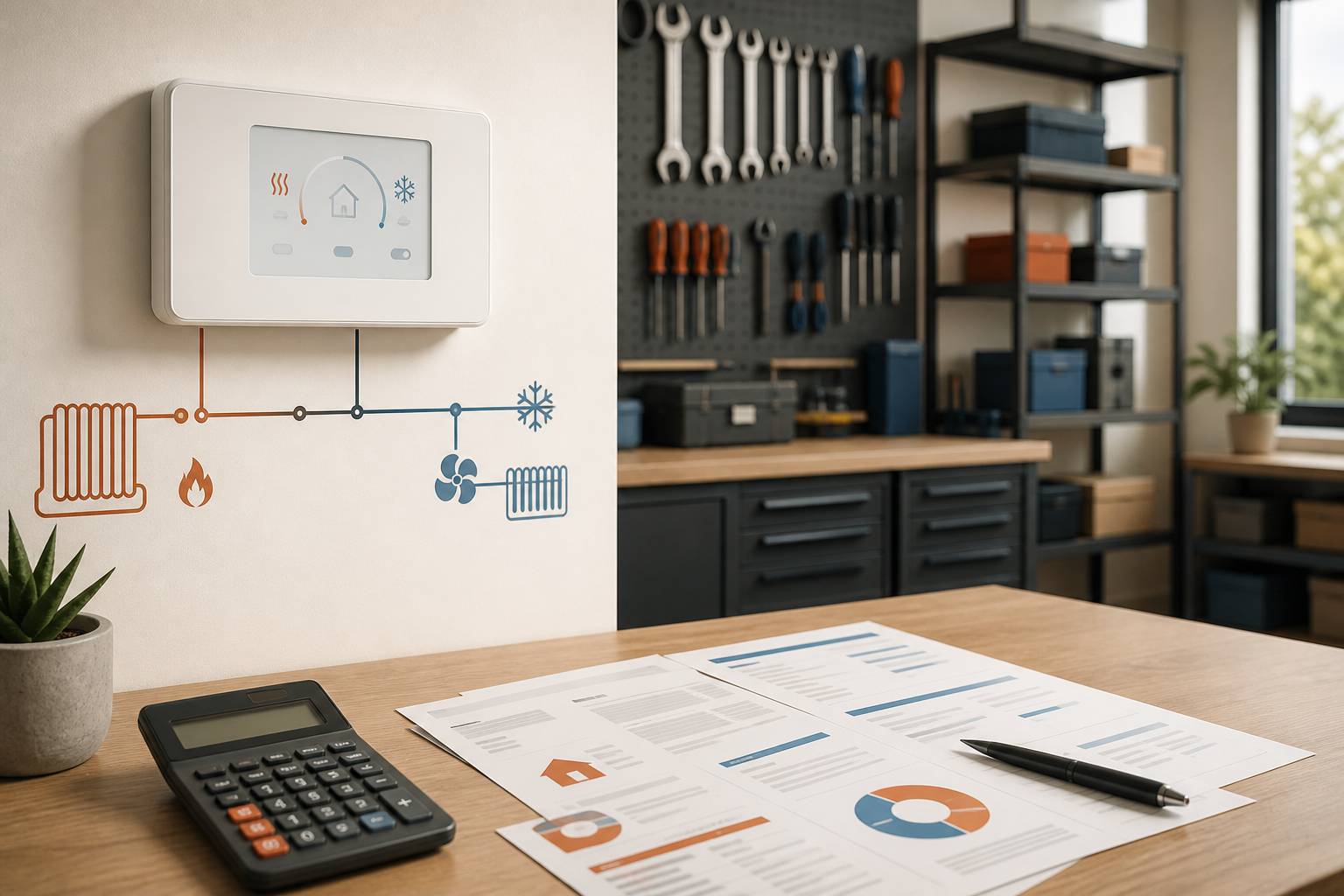 Thermostat mural moderne avec calculatrice et factures d'énergie sur une table