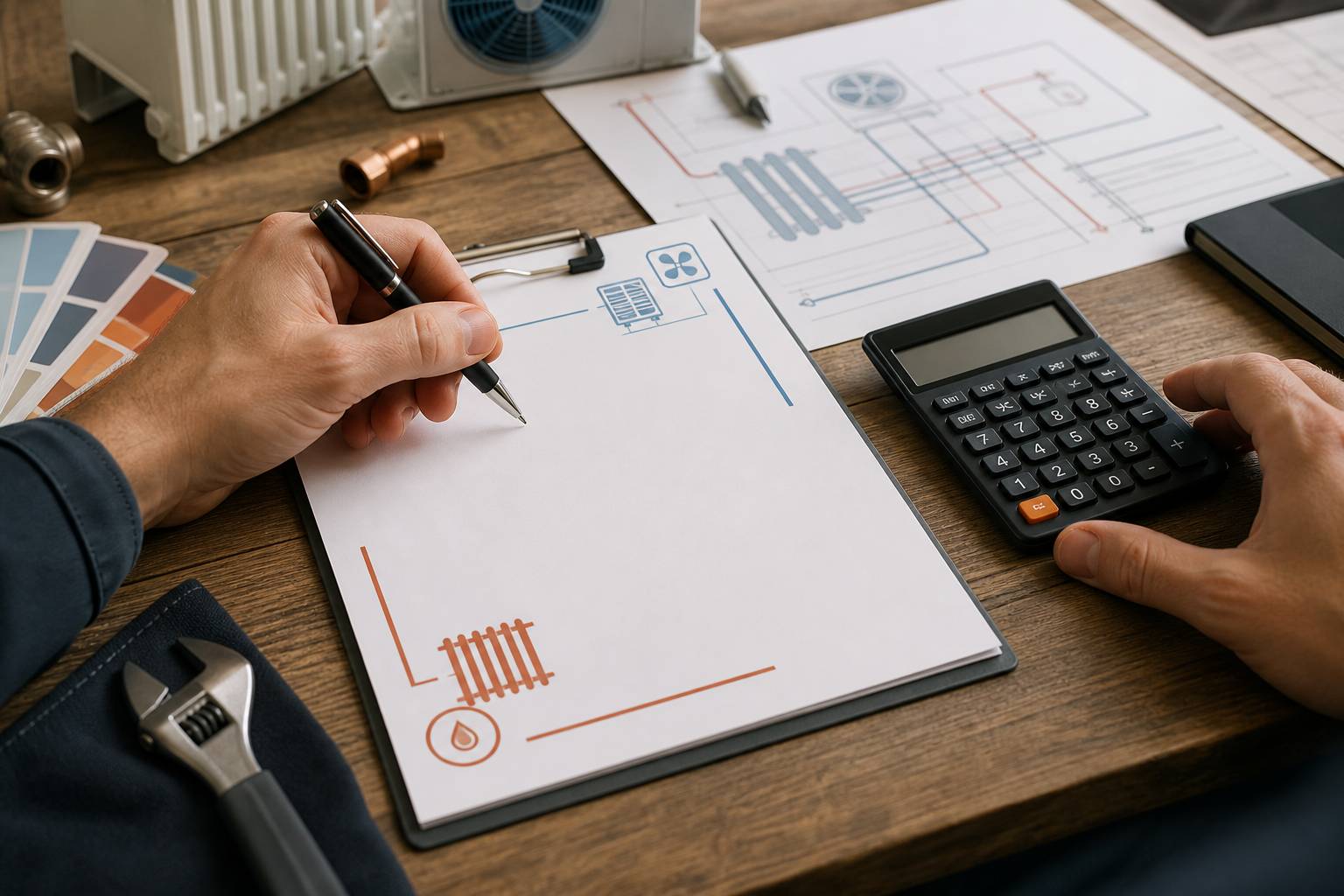 Mains tenant un stylo au-dessus d'un devis vierge avec une calculatrice à côté