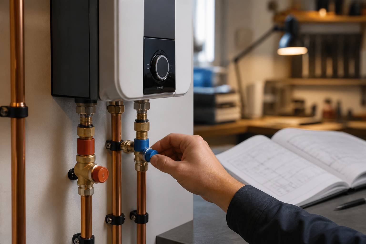 Main réglant la vanne d'un chauffe-eau instantané