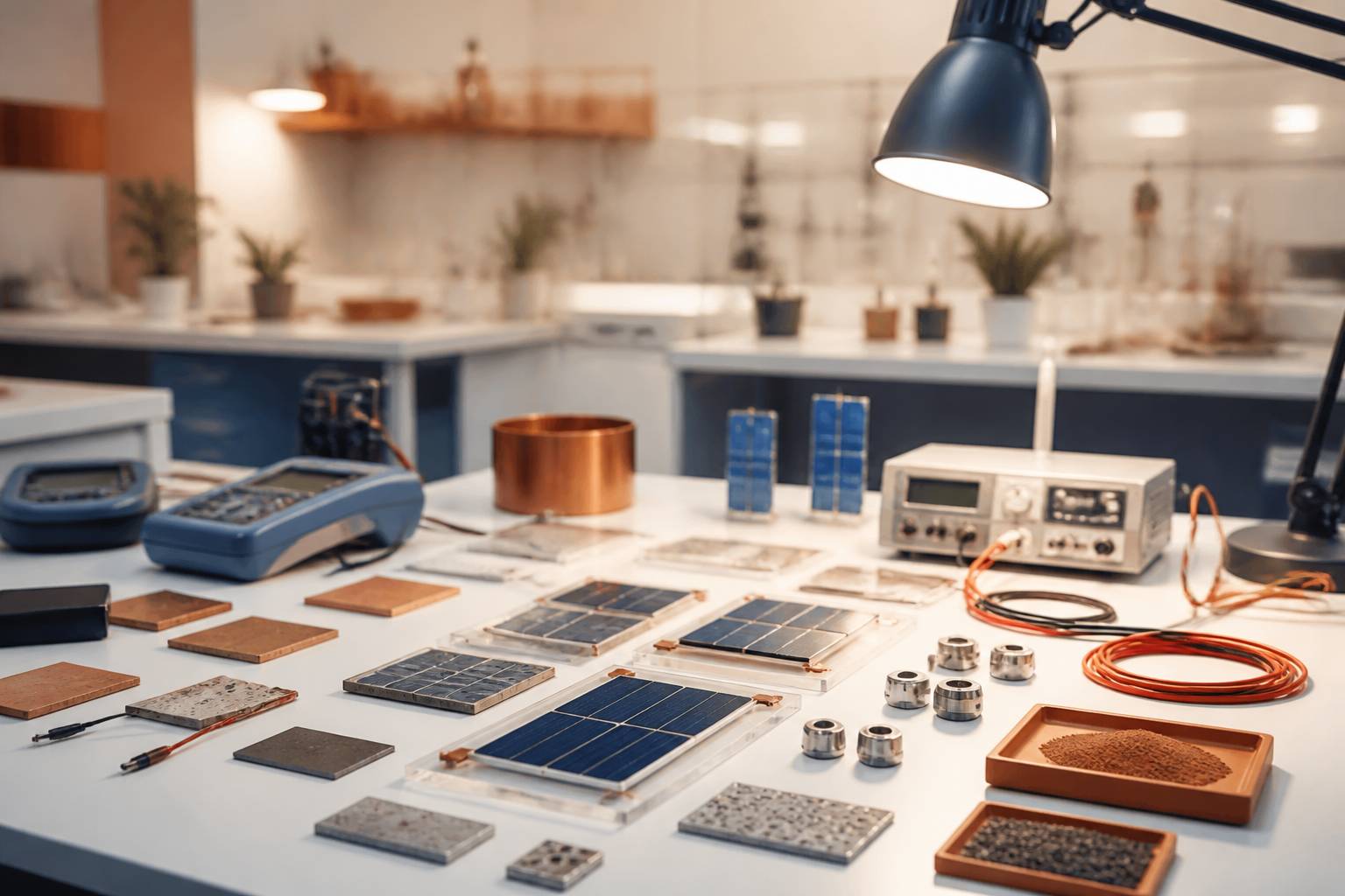 Échantillons de matériaux et composants sur un plateau de laboratoire