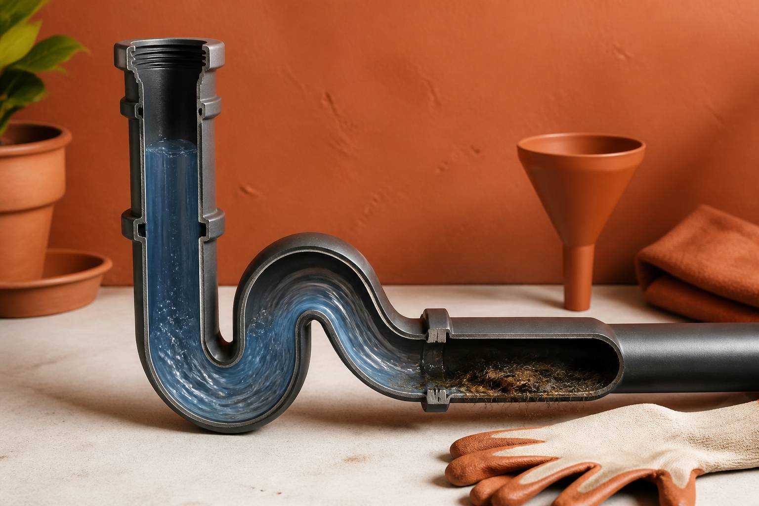 Siphon de canalisation avec entonnoir et gants de protection