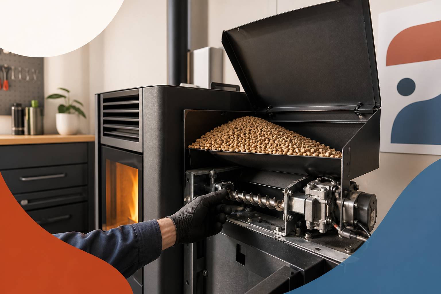 Trémie et système d'alimentation en pellets d'un poêle inspectés par un technicien