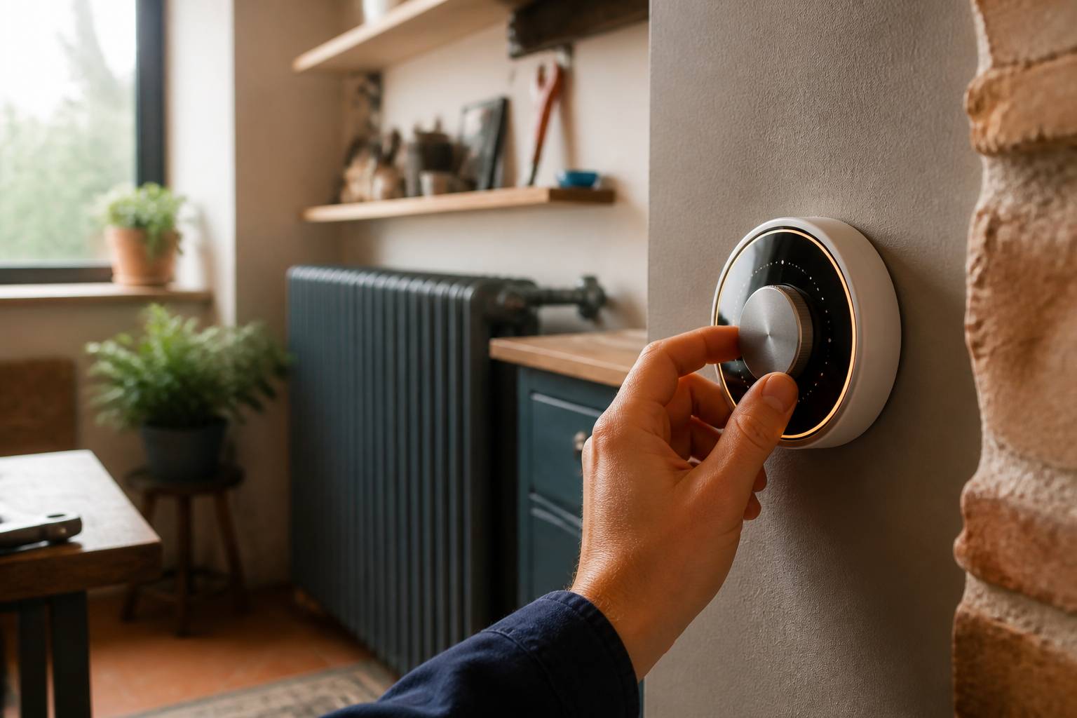 Mano che regola il termostato intelligente a parete in un interno domestico accogliente