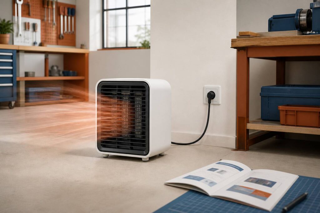 Aérotherme électrique compact générique posé dans une pièce claire