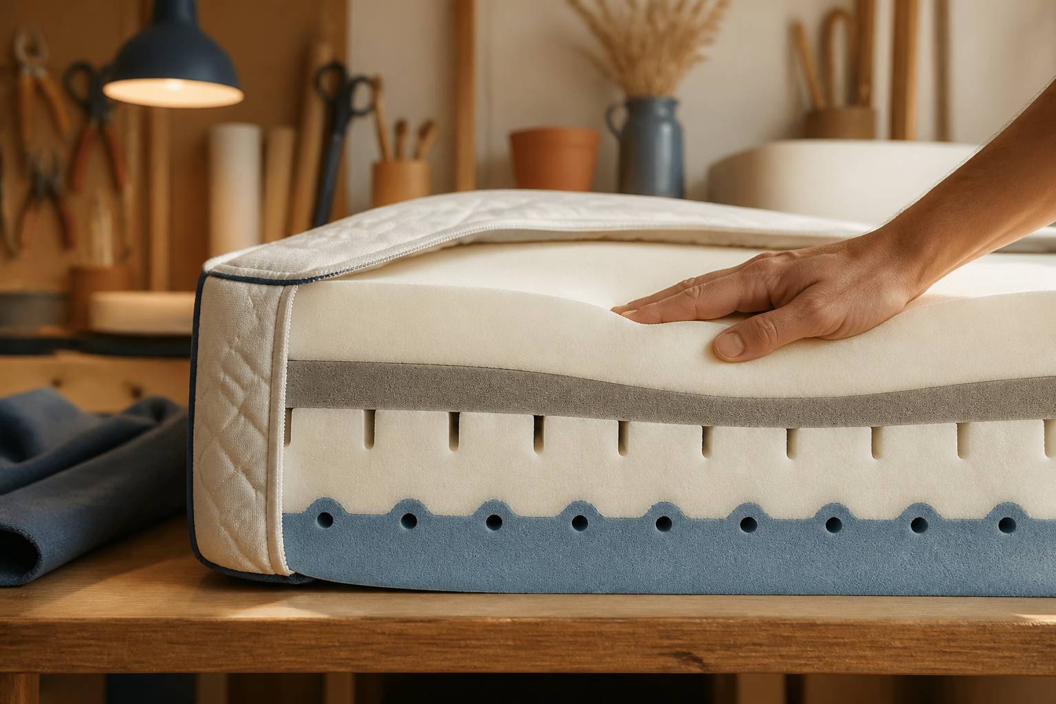 Coin relevé d'un matelas montrant ses couches de mousse