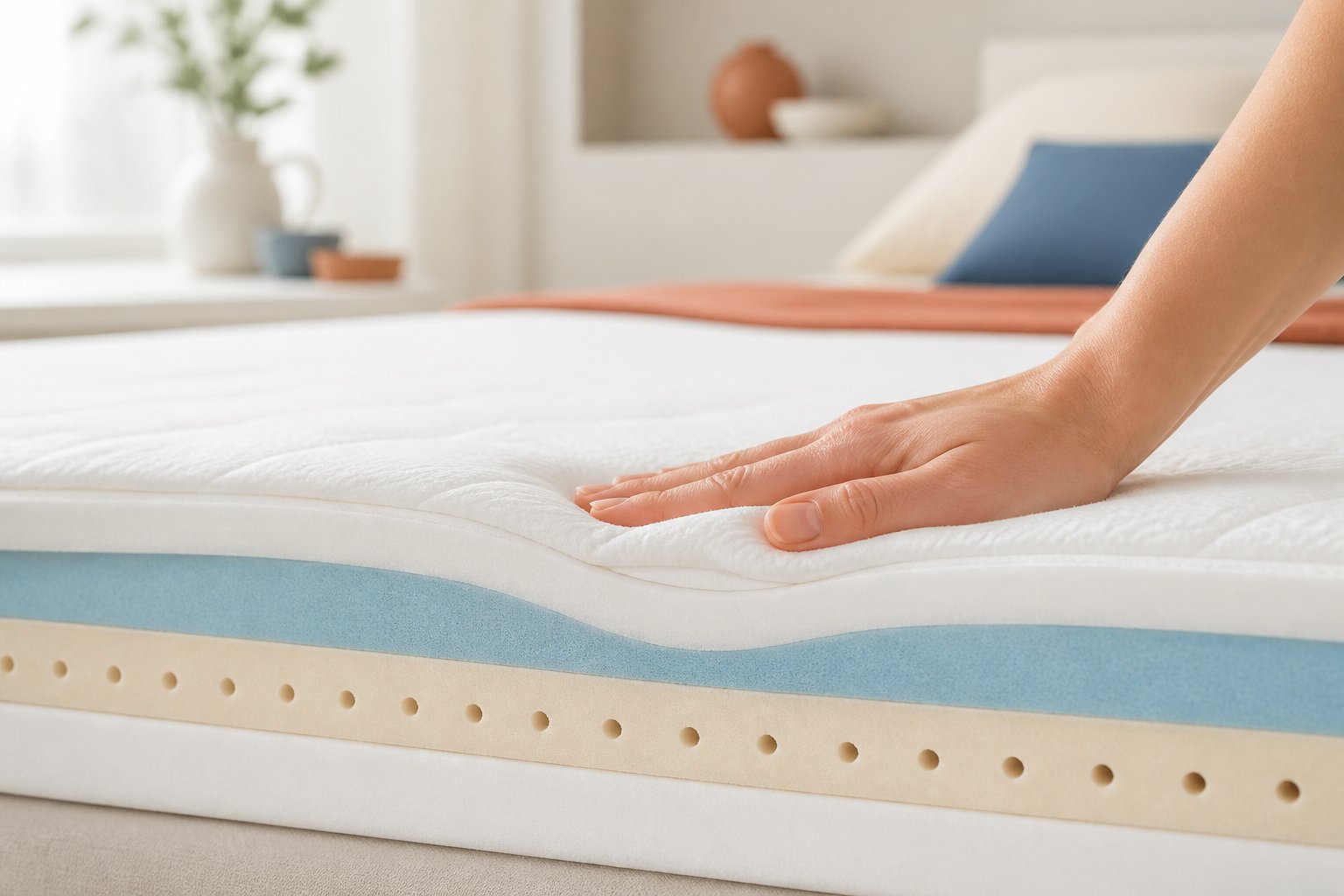 Main appuyant sur un surmatelas pour tester sa fermeté sur le lit