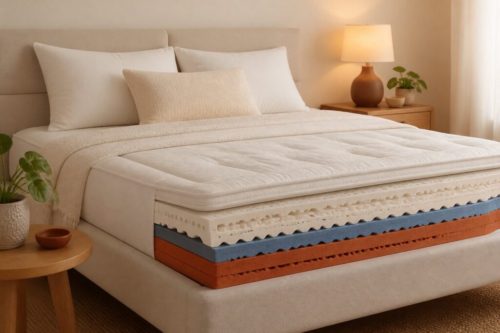 Lit avec surmatelas épais aux couches de mousse visibles dans une chambre calme
