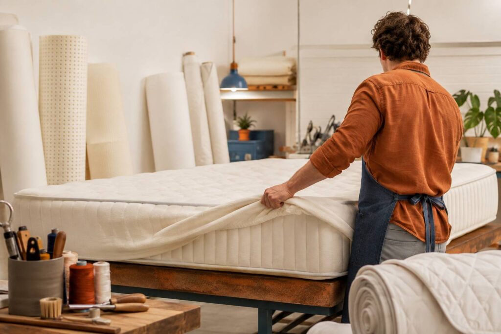 Matelas en cours de fabrication dans un atelier de literie