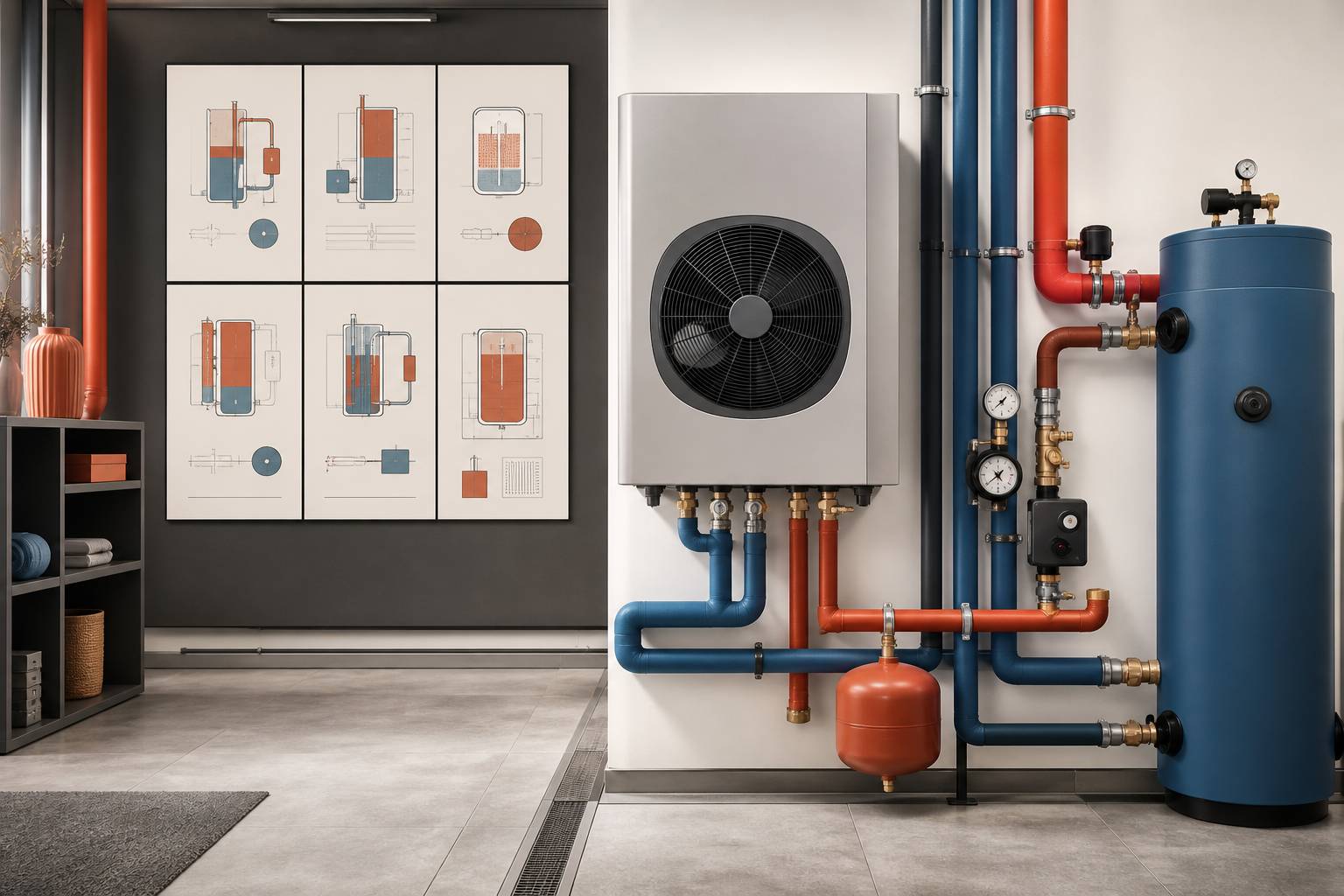 Centrale termica ordinata con pompa di calore a parete e tubazioni isolate blu e rosse