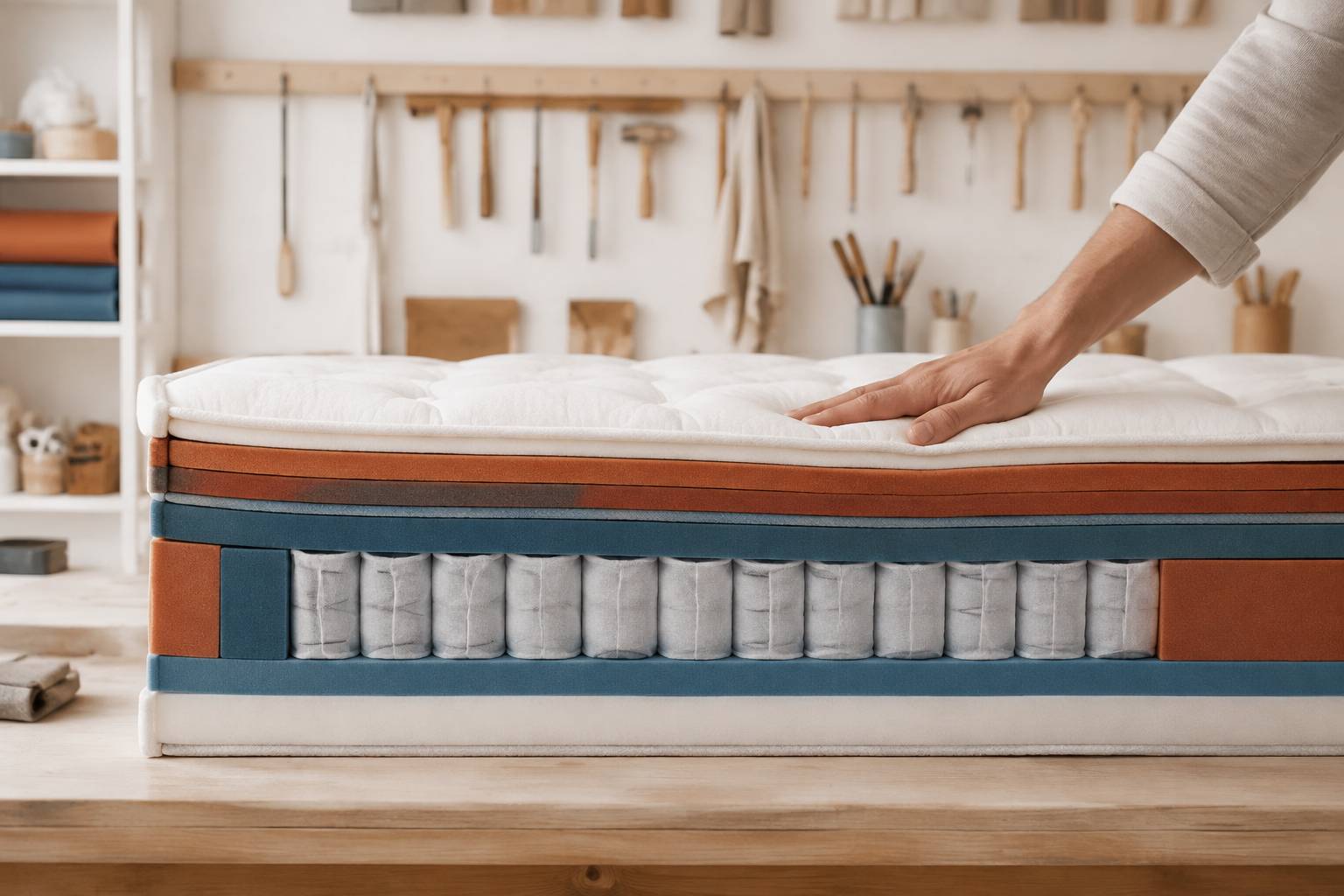 Coupe d'un matelas montrant mousse et ressorts ensachés