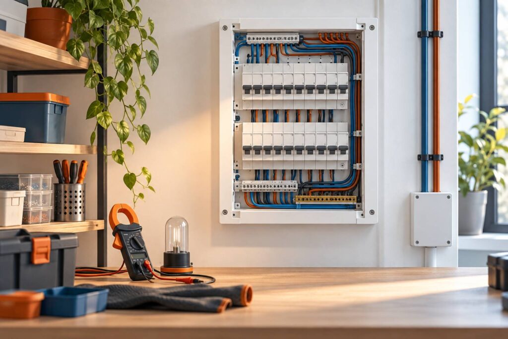Tableau électrique domestique avec disjoncteurs et pince multimètre