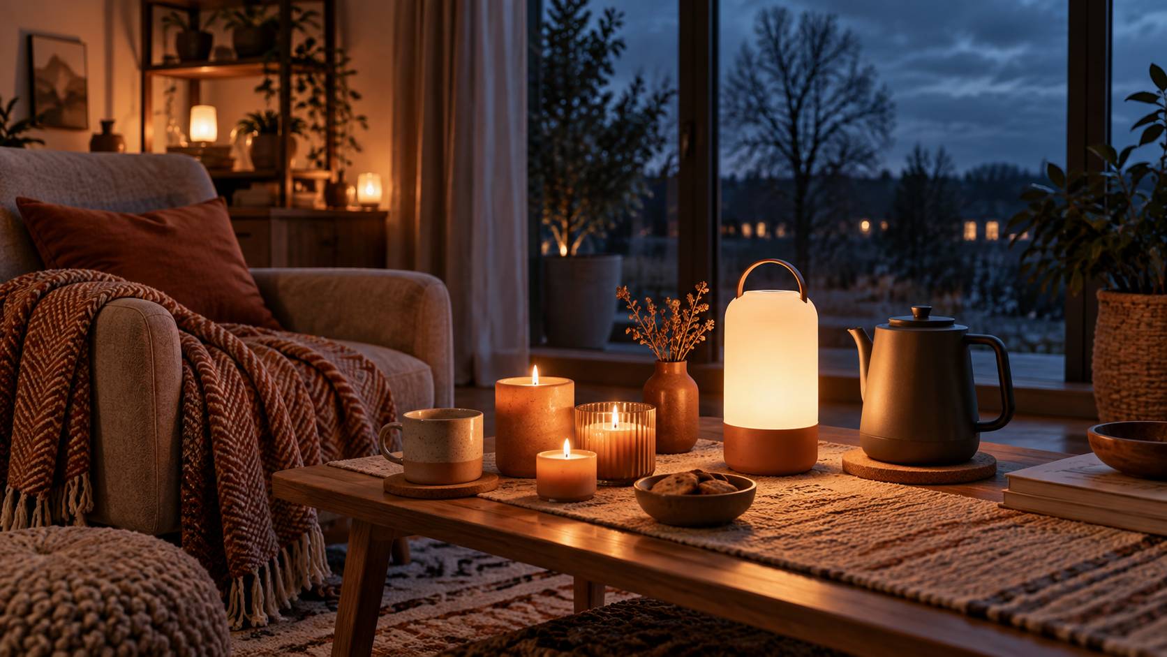 Intérieur éclairé par une lampe de secours et des bougies à la tombée du jour