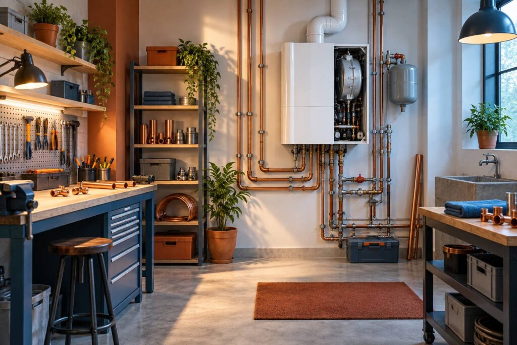 Chaudiere murale ouverte sur ses raccords dans un atelier technique